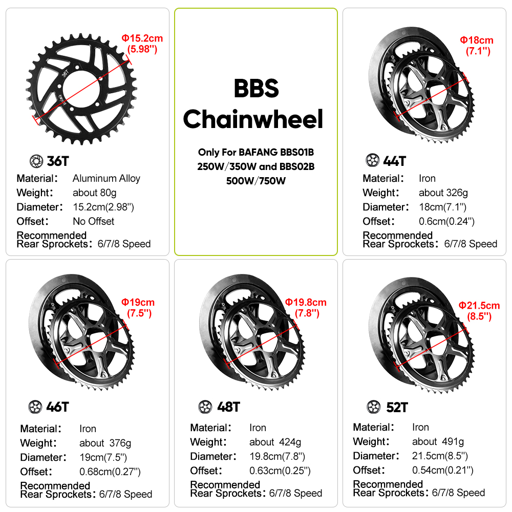 Bafang BBS01 BBS02 Electric Bike Chain Wheel Replacement Chainring Guard 44T 46T 48T 52T Chain Teeth for BBS01B BBS02B Motor