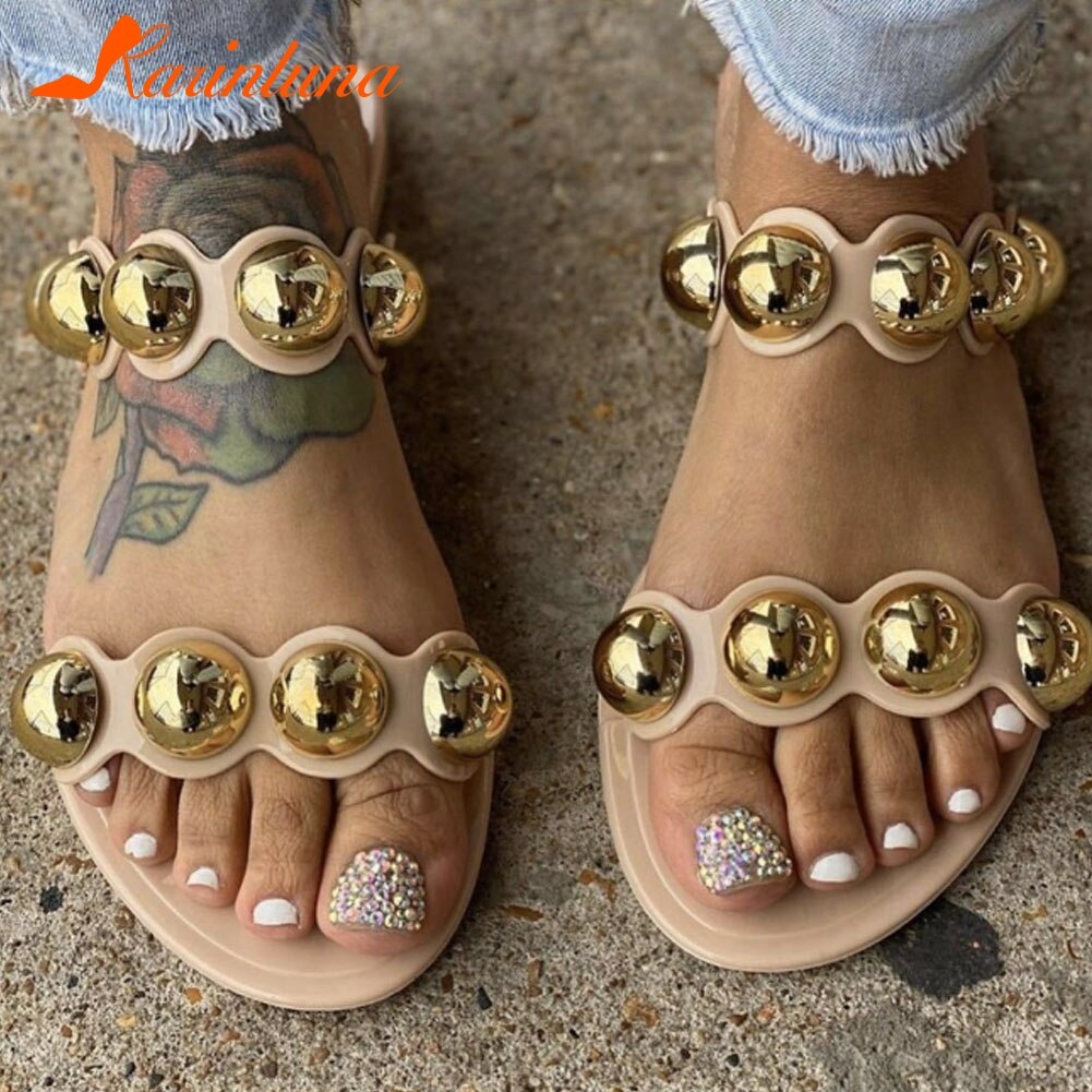 Karinluna platta klackar sommar tofflor kvinna skor slip on bekväm metall dekoration bekväma dam tofflor