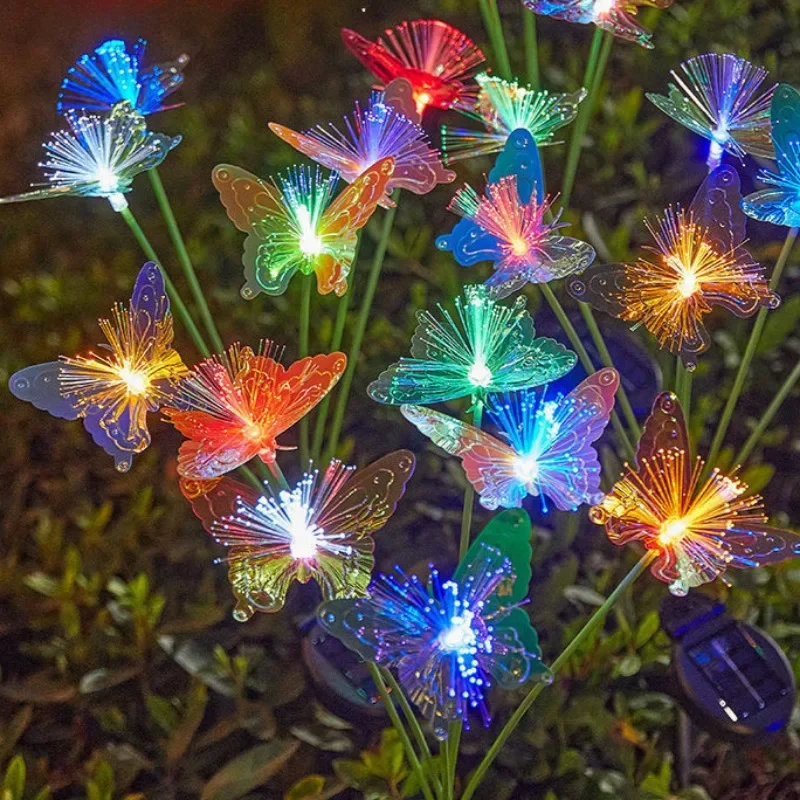 Solcellsdriven fjärilsfiberoptisk blomma led-sollampor utomhus bröllopsfestdekor trädgårdskrans gräsmatta lampa för gård uteplatsdekor