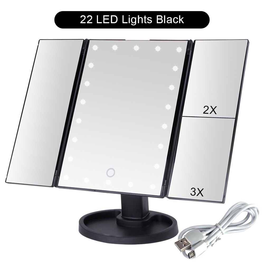 22 lys makeup spejl led touch screen bord bord makeup 1x/2x/3x/10x forstørrelses spejle 3 folde justerbart makeup spejl: Bk 22 lys usb