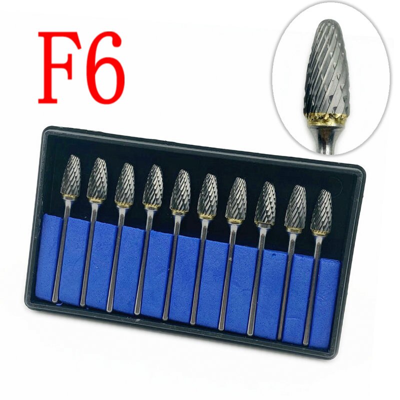 10pcs/set Dental Tungsten Steel Burs Drills Dental Lab Titanium Nitrate Carbide Burs Dentistry 2.35mm Shank Polisher Type F6