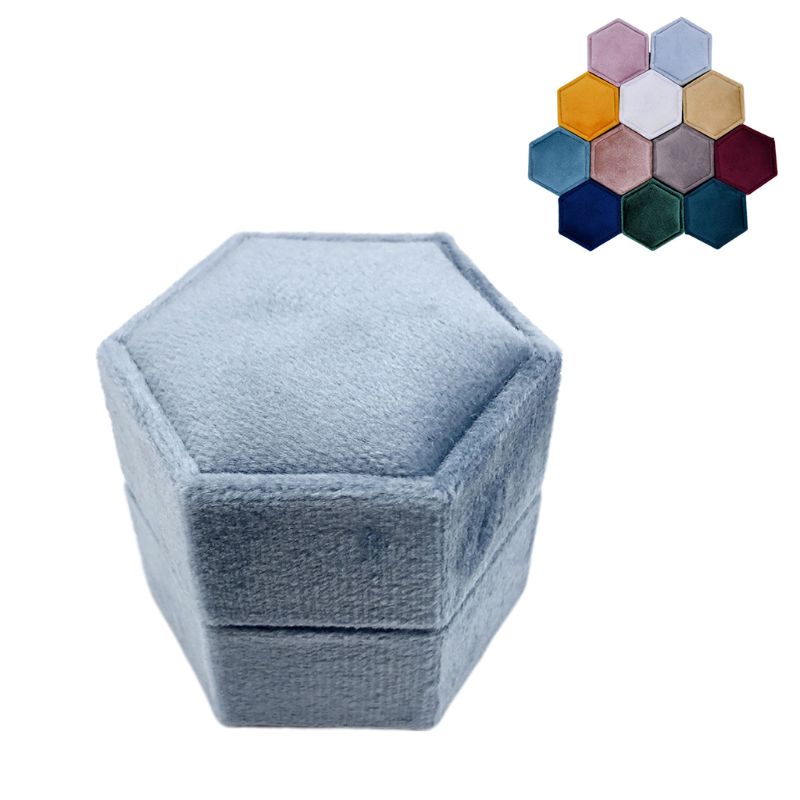 Velvet Double Ring Box Hexagon Wedding Ceremony Ring Box for proposal, engagement, wedding with Detachable Lid
