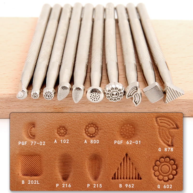 Kit d&#39;outils d&#39;estampage du cuir, 10 motifs différents, travail de bricolage, poinçon, sculpture, dessins à rayures,