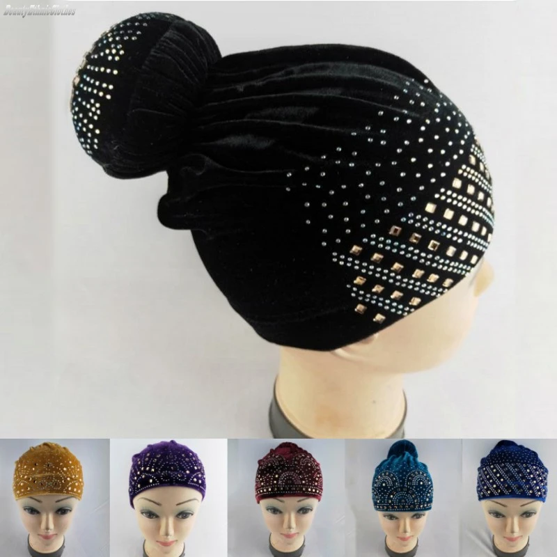 Gorro con diamantes de imitación a la para mujer, tocados de africanos, gorro de terciopelo para el cuidado del cabello, turbante, pañuelo para la cabeza, accesorios para sombrero