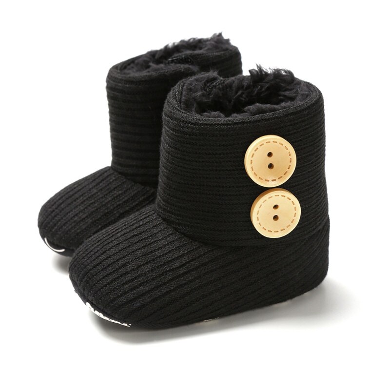Baby warme winterlaarzen meisjes zachte zool wieg schoenen knoop katoenen platte laarzen gebreide effen knopen peuterschoen: B / 0-6 maanden
