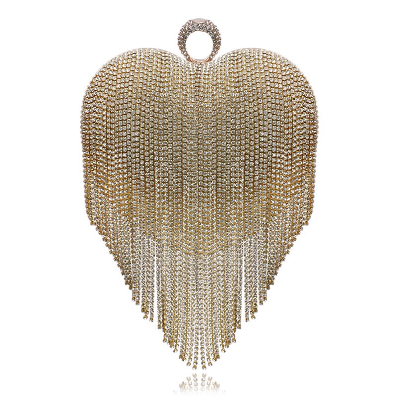 LIXUN Evening Bag - Minaudiere Shape - Diamond Tassel Ring Clutch - Chain Shoulder Party Handbag: Gold