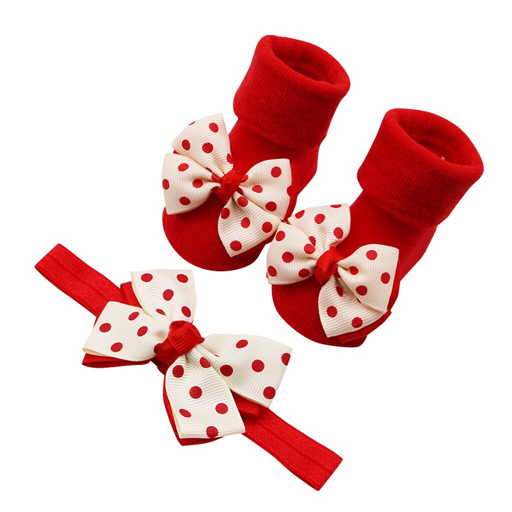 Baby Infant Socks +1pc Hair Belt Toddler Girls Bow Wave Point Anti-slip Socks Kawaii Baby Socks Детская Носки