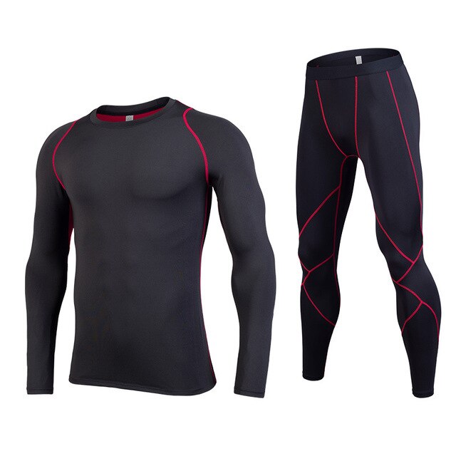 Mannen Lange Mouw T-shirt + Broek 2 PCS Compressie Joggingpakken Fitness Kleding Gym Running Set Workout Sport atletiek Uniform: black red / Asian size L