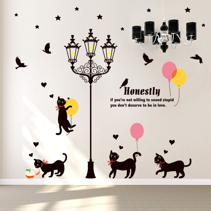 Straat licht ballon Zwarte Kat muurstickers woonkamer creatieve dier woondecoratie achtergrond kinderkamer muurstickers