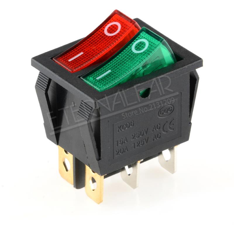KCD6 16A 250V AC Rocker Schalter Stiefel Schalter 6Stifte Mit Lampe AUF-aus rot sterben Elektrische Grill grün Elektrische Heizung Doppel Schiff Typ: KCD6-rot-Grün-6J4D / 1Stück -viel