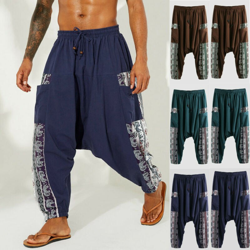 AU Herren Lose Breite Bein Hosen Einfarbig Casual Baggy Atmungsaktive Harem Hosen