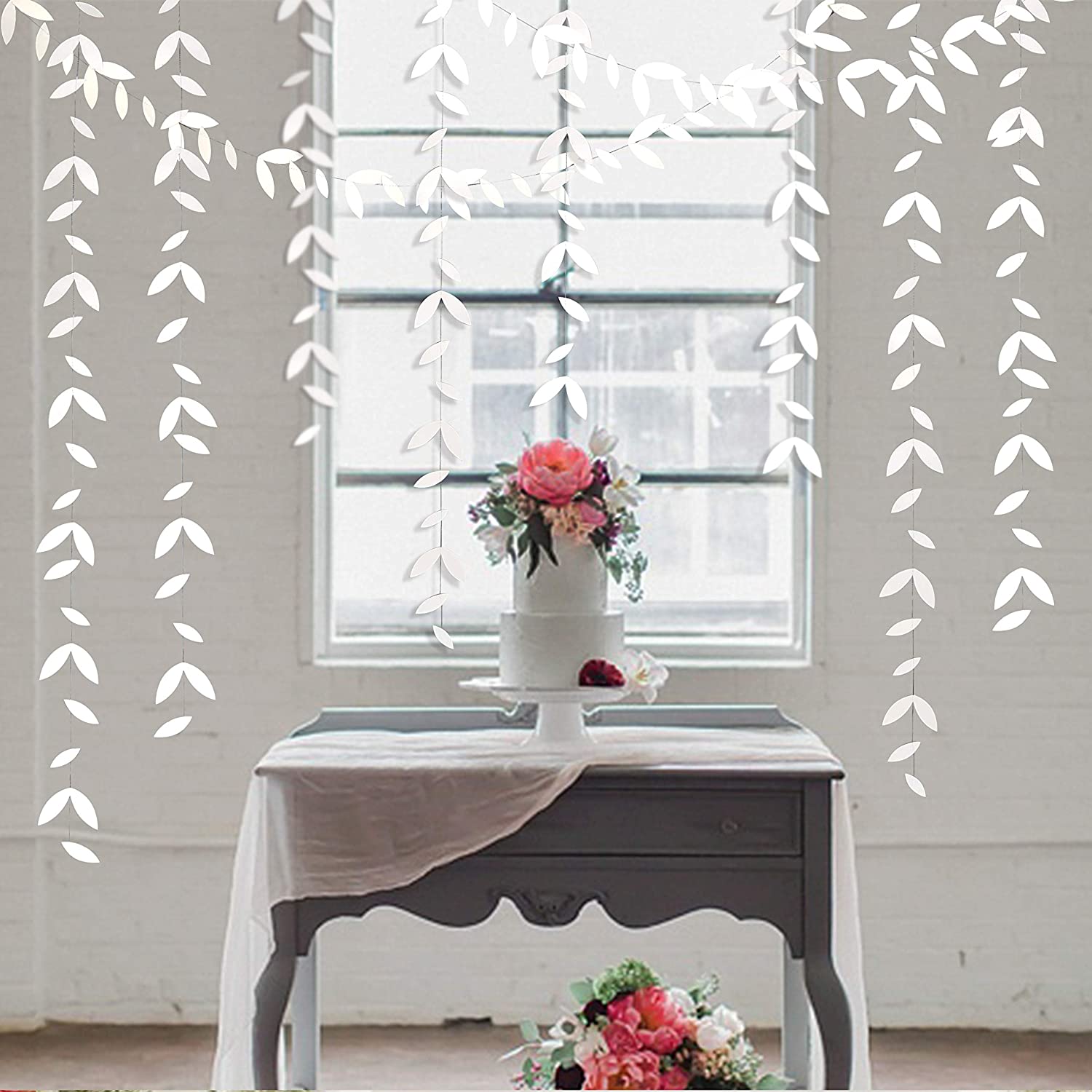White Wedding Party Decorations Paper Leaf Garland Hanging Leaves Streamer For Bachelorette Engagement Anniversary Bridal Shower