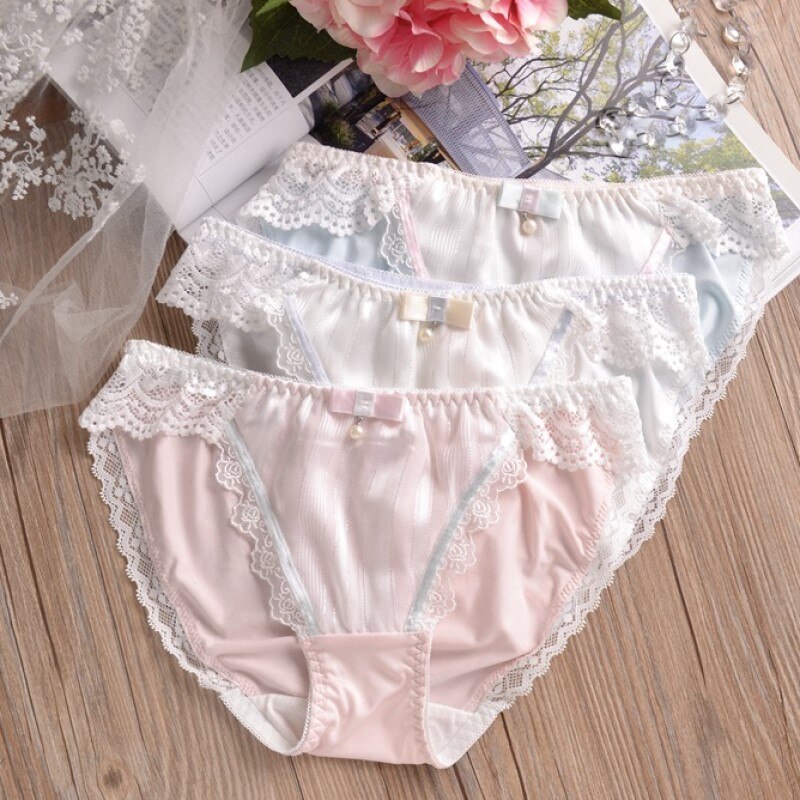 Leechee Japanese Girl Lace Panties Pearl Mercerized Milk Silk Underwear Bow Knot Cute Shorts Low Waist Breathable Women Briefs