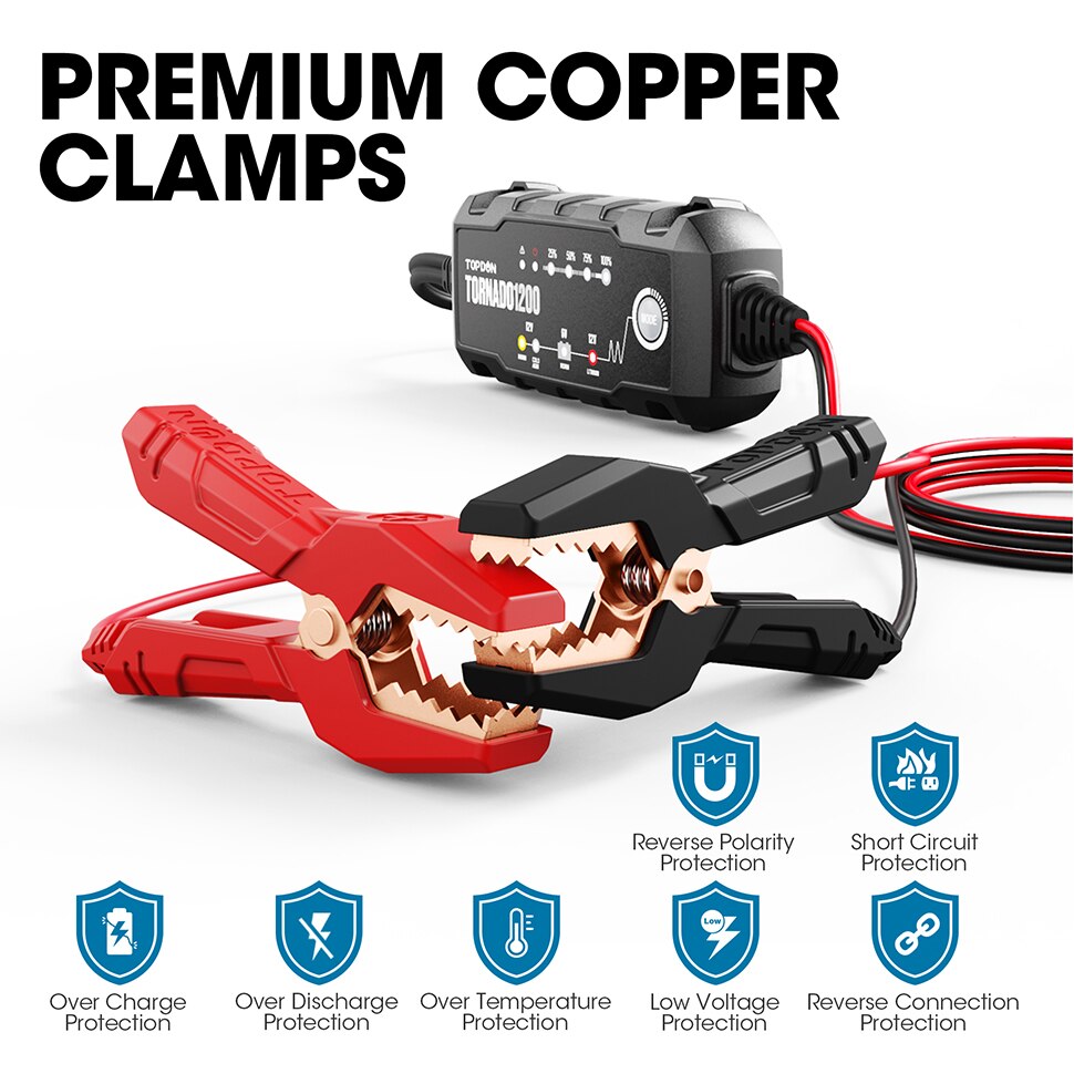 Car Battery Charger Topdon T1200 6V 12V Automatic Lead Acid Lithium Batteries Charger IP65 Car Motorcycle Battery Charger