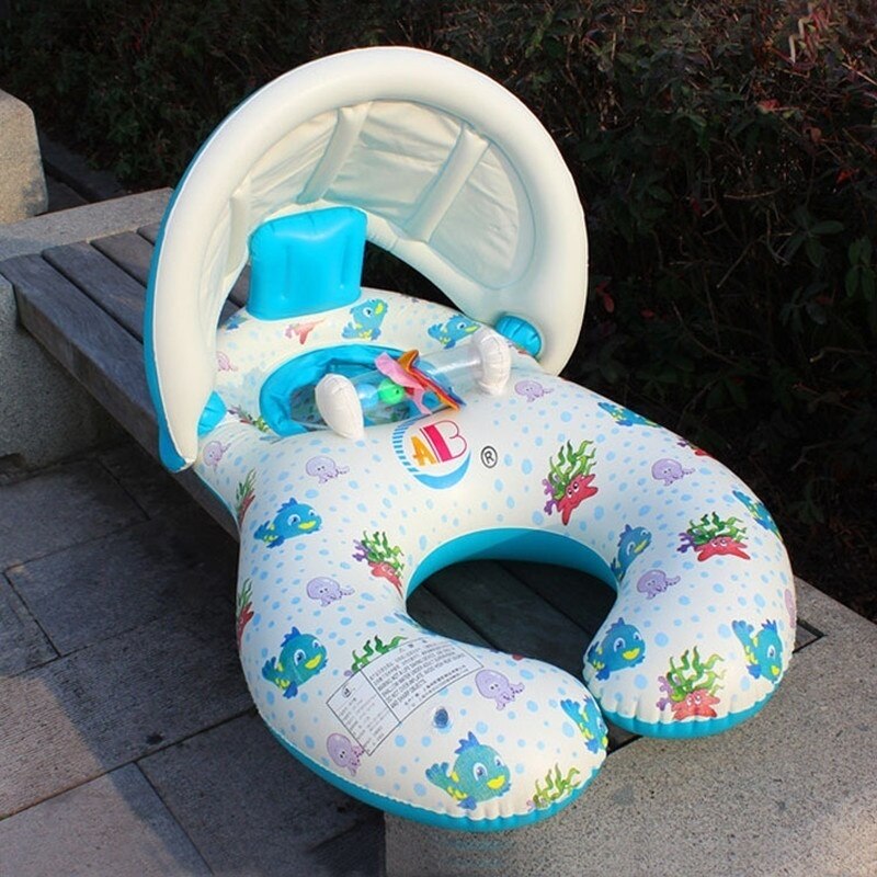 Inflatable Baby Swimming Ring Mommy Baby Parent-Child Double Person Float Seat Swimming Boat with Removeable Sun Canopy: w with sunshade