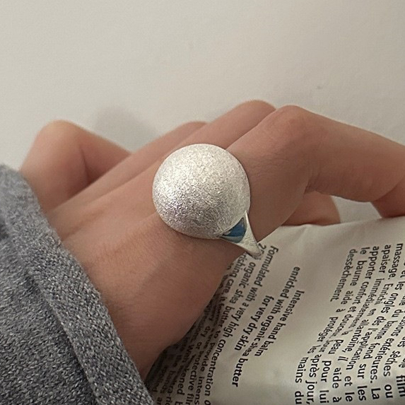 925 Sterling Silver Round Ball Wire Drawing Frosting Opening Ring Index Finger Adjustable for Women Girl Jewelry Party