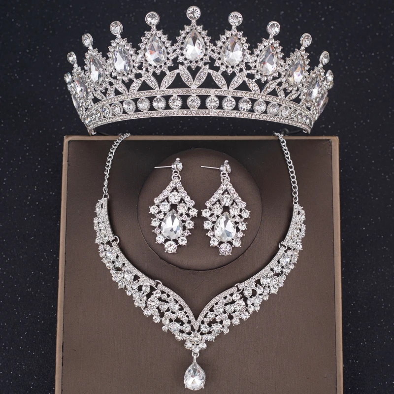 Ensemble de bijoux en biscuits pour patients, couronne en cristal, collier, boucles d'oreilles baroques, accessoires pour cheveux de mariage, de bijoux, 3 pièces: BLANC
