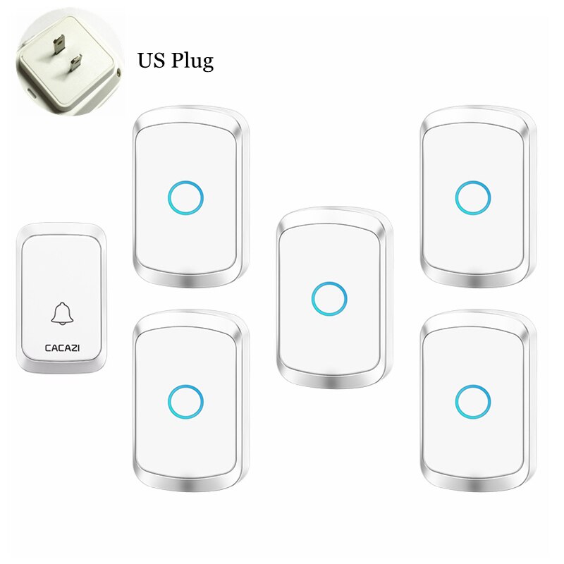 CACAZI Smart Wireless Door Bell Waterproof 1 Transmitter 5 Receiver US EU UK AU Plug Battery Home Bell Chime Wireless Ring Bell: white 1x5 US