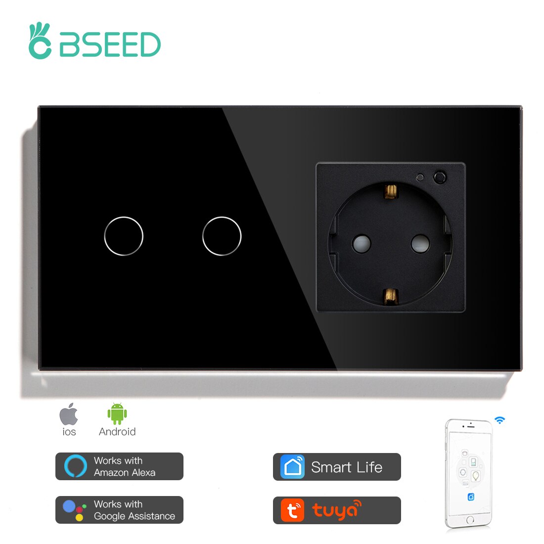 Bseed smart wifi touch switch 2 gang 1 vej med eu stik 3 farver krystal glas panel arbejde med smart life tuya app: Sort