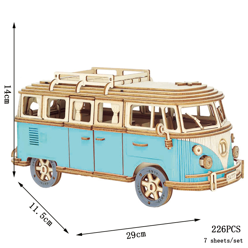 3D Wooden Puzzle Retro Bus European-style Campervan Assembled Car Model DIY Hands-on Ability Cultivate Toys For Children: Yellow