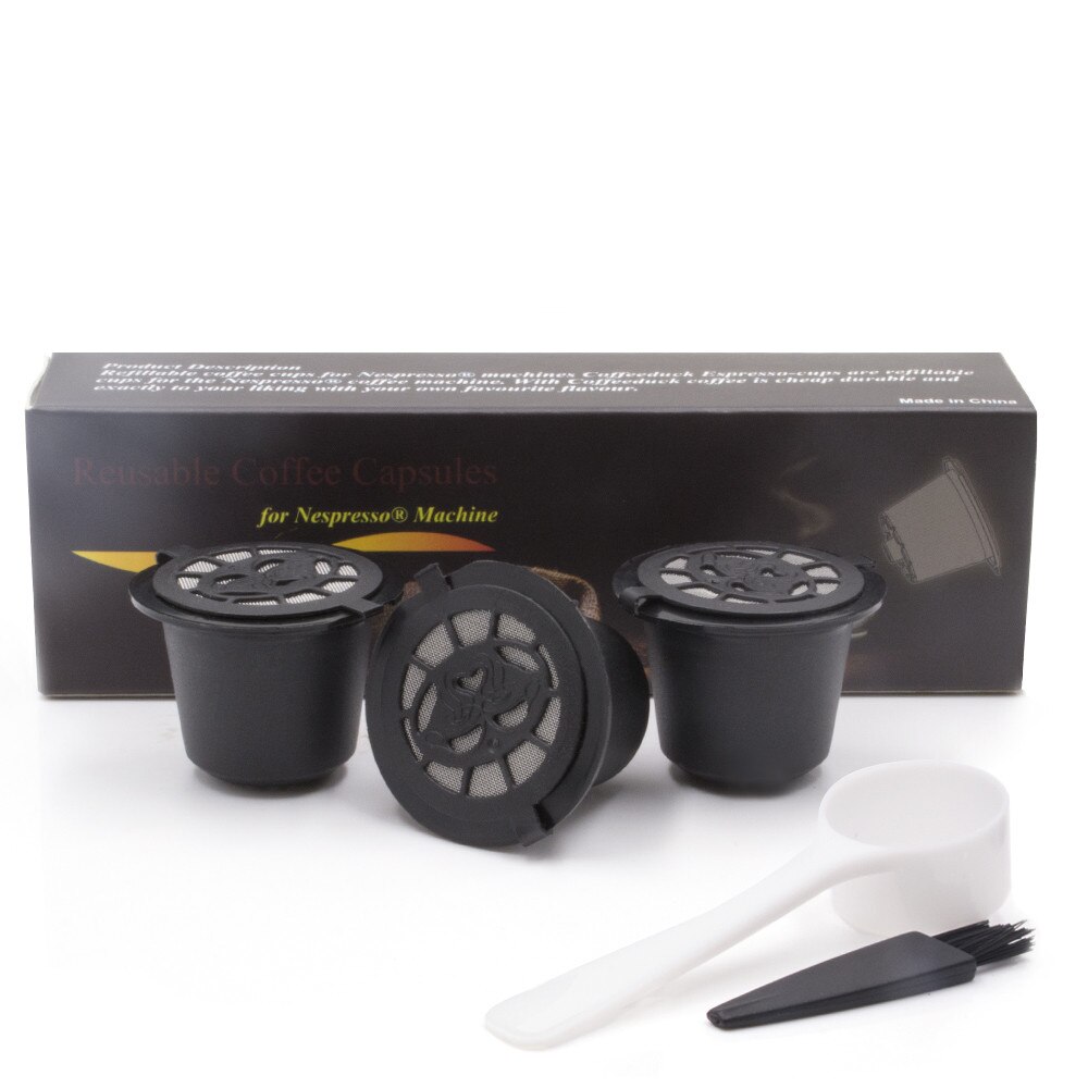 Reusable Refillable Coffee Capsule Plastic Coffee Filters Pod For Nespresso Refill Coffee Capsule Filters With Spoon Brush: 3pcs Black