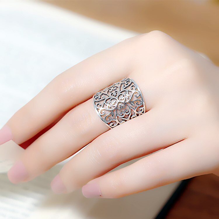 Bohemian Vintage Grote Holle Patroon Bloem Ring Voor Vrouwen Vrouwelijke Dame Antieke Knuckle Cocktail Ringen Boho Sieraden Anillos