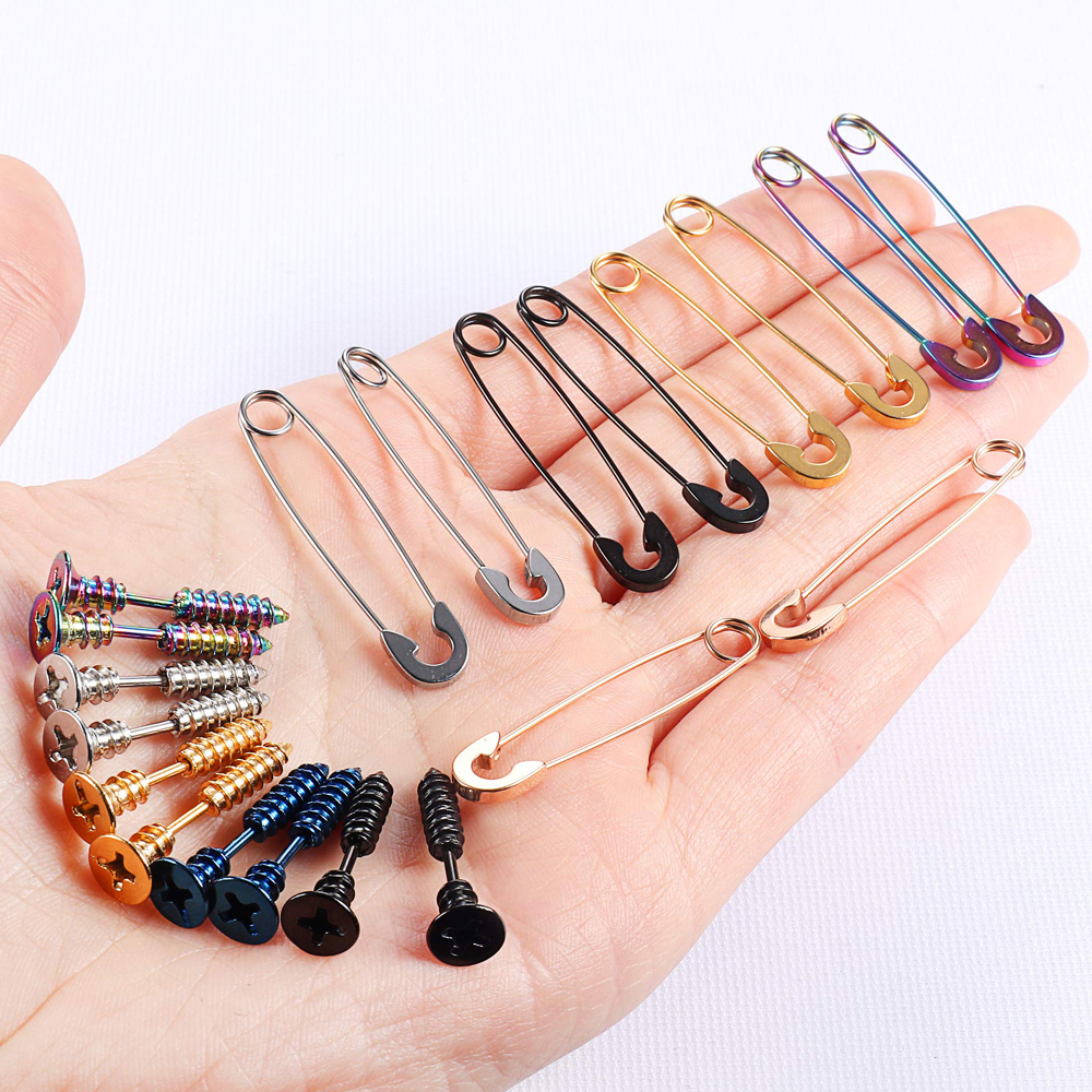 1 par 16g unisex ørestikker i rustfrit stål til mænd, punk, goth, hiphop-stil, spike, krydsskruer, sikkerhedsnåle, hoop-øreringe