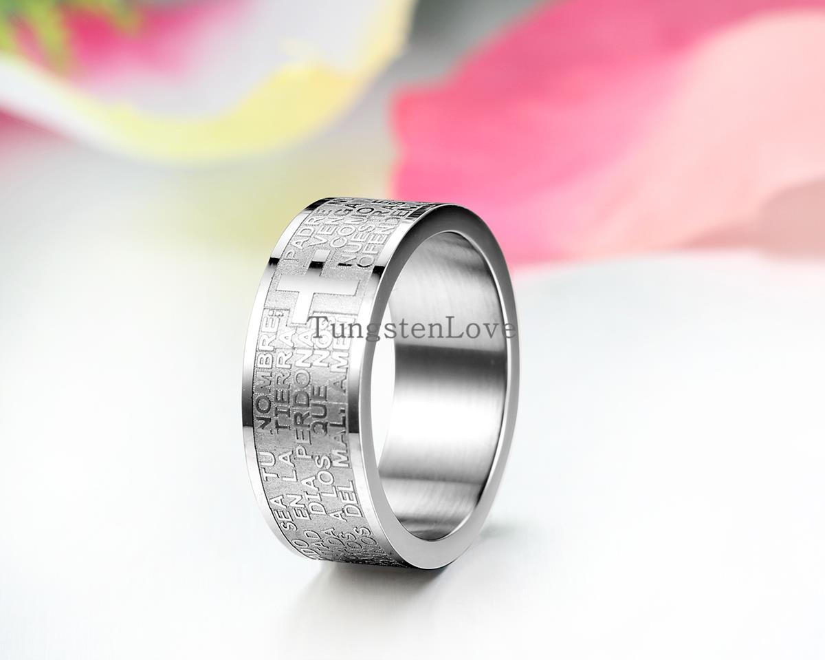 Mens 316L Stainless Steel Ring Spanish Lord&#39;s Prayer Bible Cross 8mm Band silver color anillos hombre mens jewellery