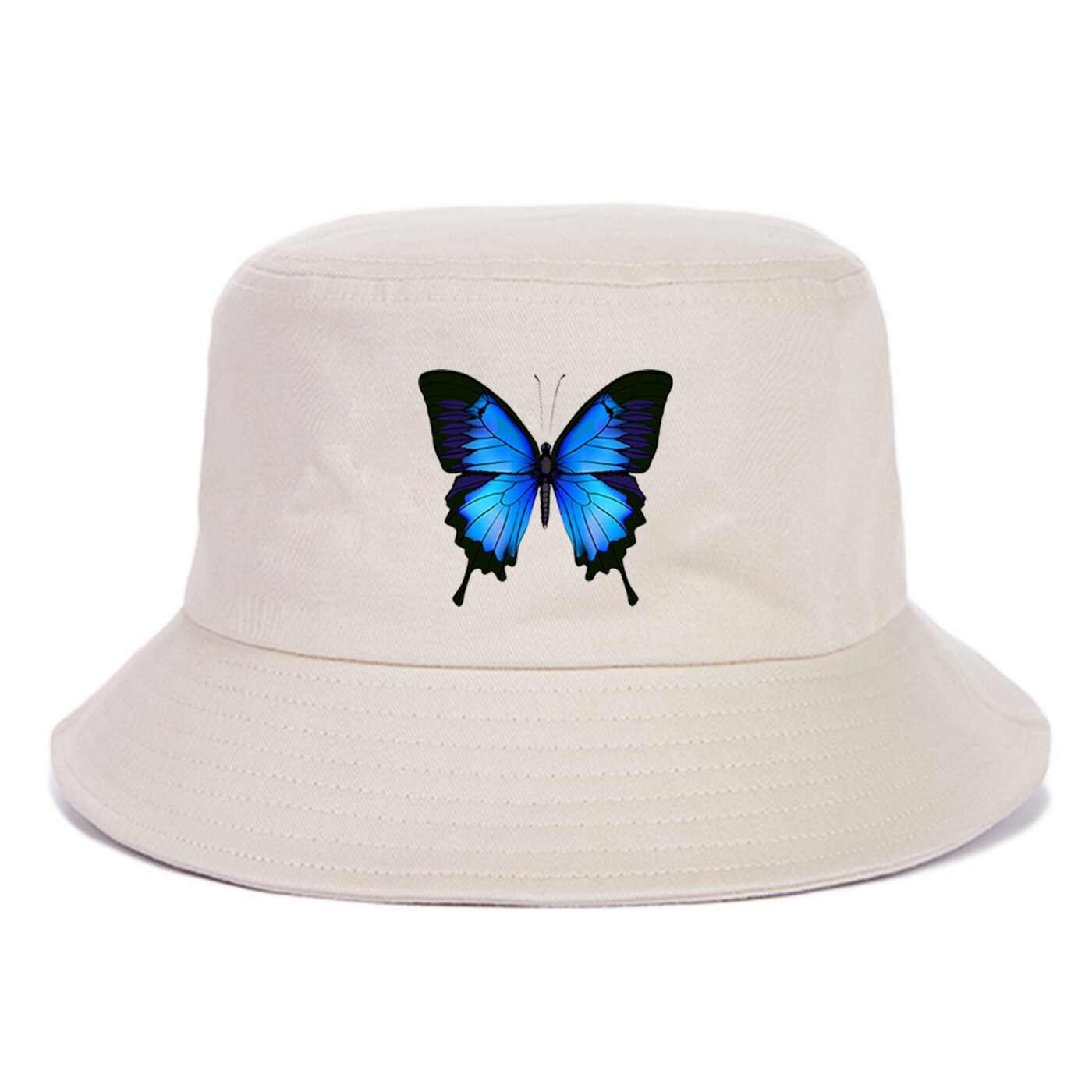 Blå sommerfugl spand hat kvinder udendørs sommer foldbar spand hatte anti-solskoldning fiskeri fisker hatte flad strand sol hat kasket: Beige 6