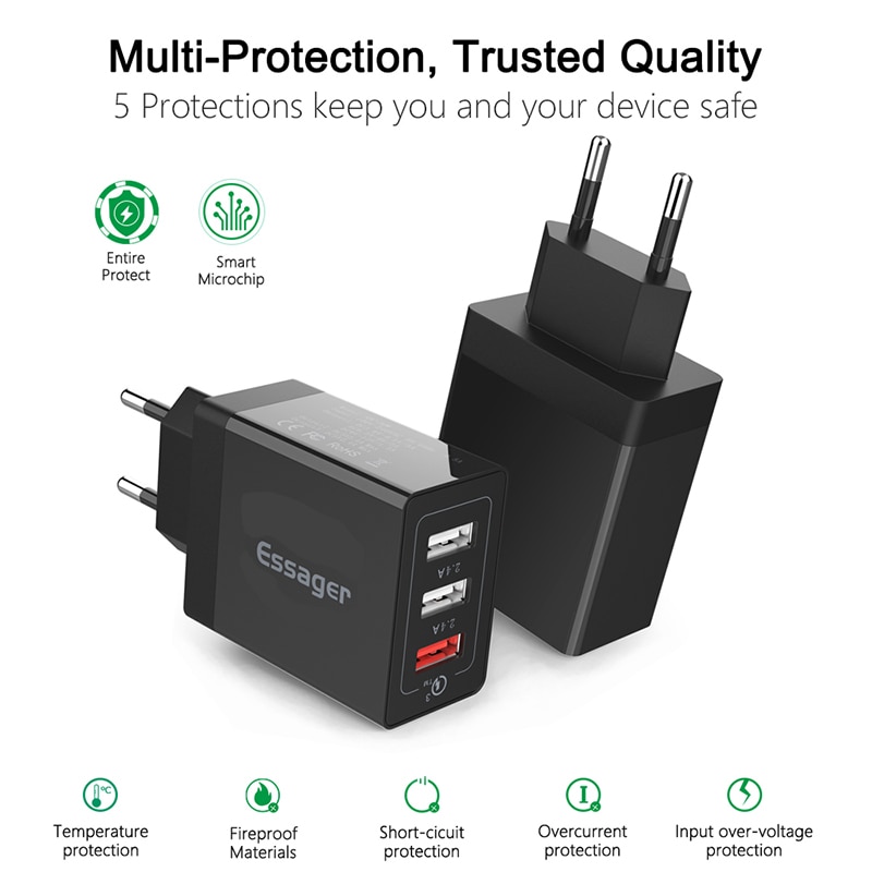 Essager 30W USB Charger QC3.0 QC 3.0 Fast Charging Multi Plug Mobile Phone Charger Wall Adapter For iPhone Samsung Xiaomi mi