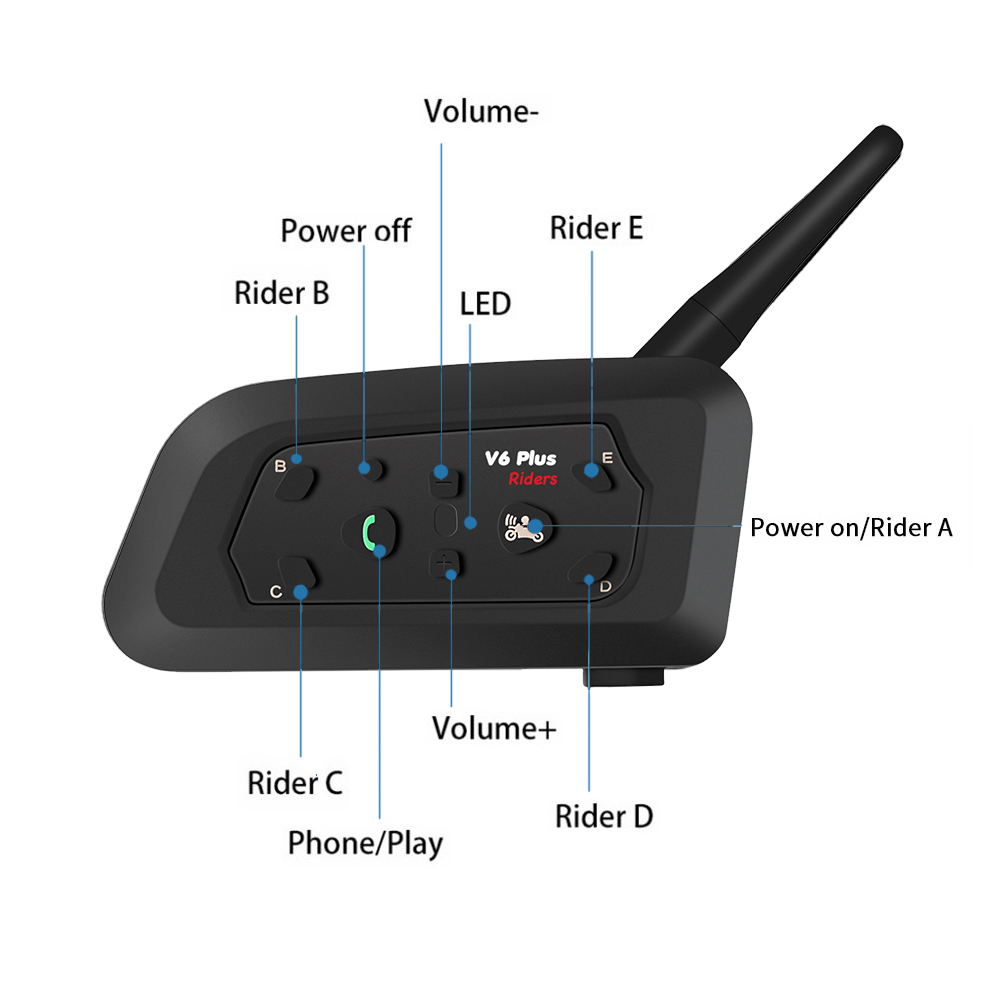 V6 PLUS Motorcycle Helmet Intercom Bluetooth Headset 1500M for 6 Riders Full Duplex Communicator Waterproof Music Player