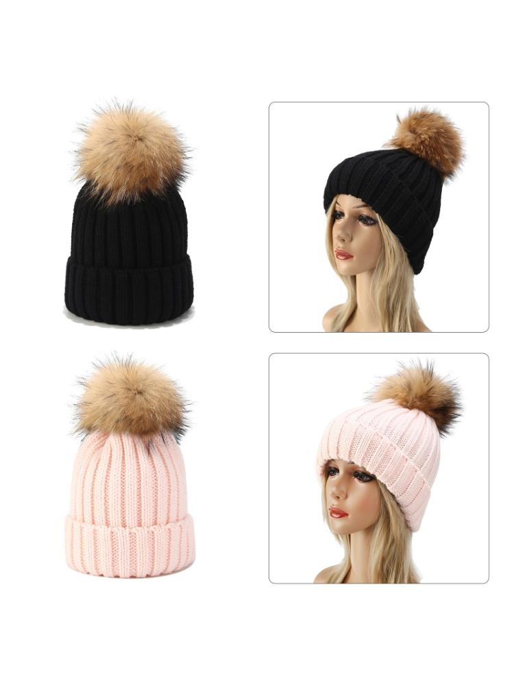 2 stuks gebreide mutsenset voor ouder en kind, wintermuts met pompon en doodshoofd
