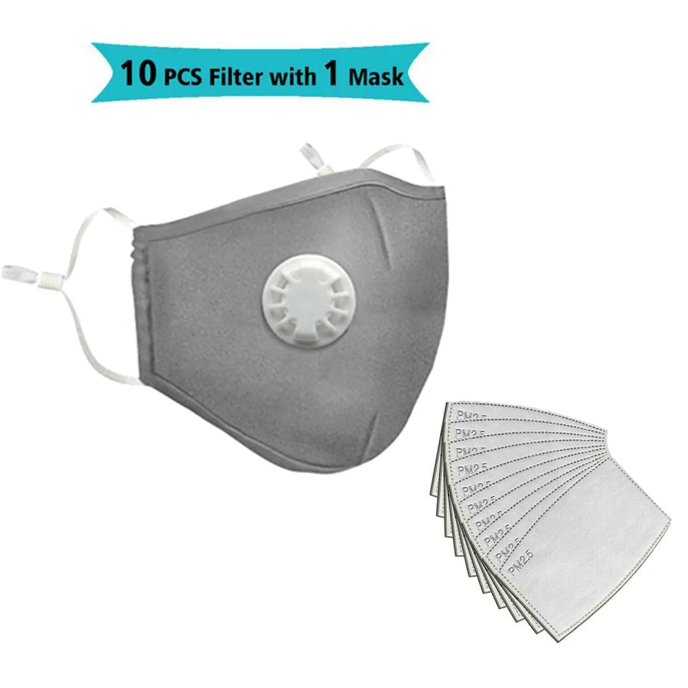 Herbruikbare wasbare gezichtsmaskers met 10 vervangbare pm2.5-filter Mondstof Winddicht katoenen ventielmasker met brilmasker: Roze