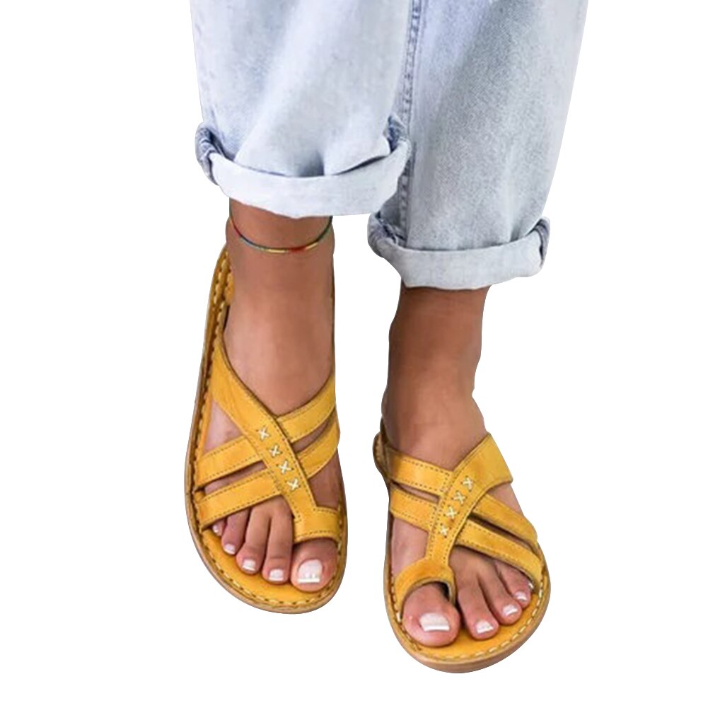 Damen Reise Frauen Sandalen drinnen draussen Schuhe Fuß Korrektur lässig Sommer Strand Offene spitze Flache Ferse PU Leder Weiche Nicht Unterhose: Gelb / 38