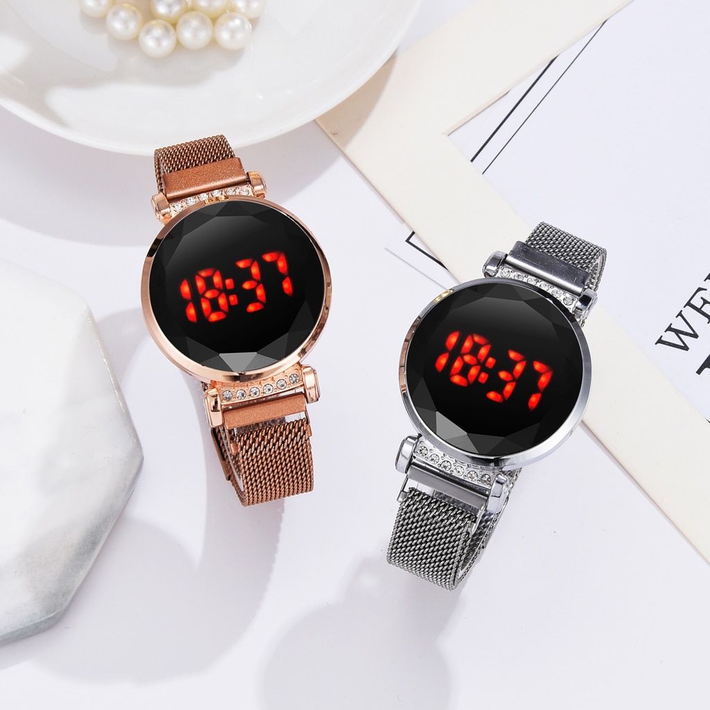 Luxury Women Magnetic Quartz Wristwatch Rose Gold Red LED Digital Bracelet Watch Quartz Watch Ladies Clock relogio feminino