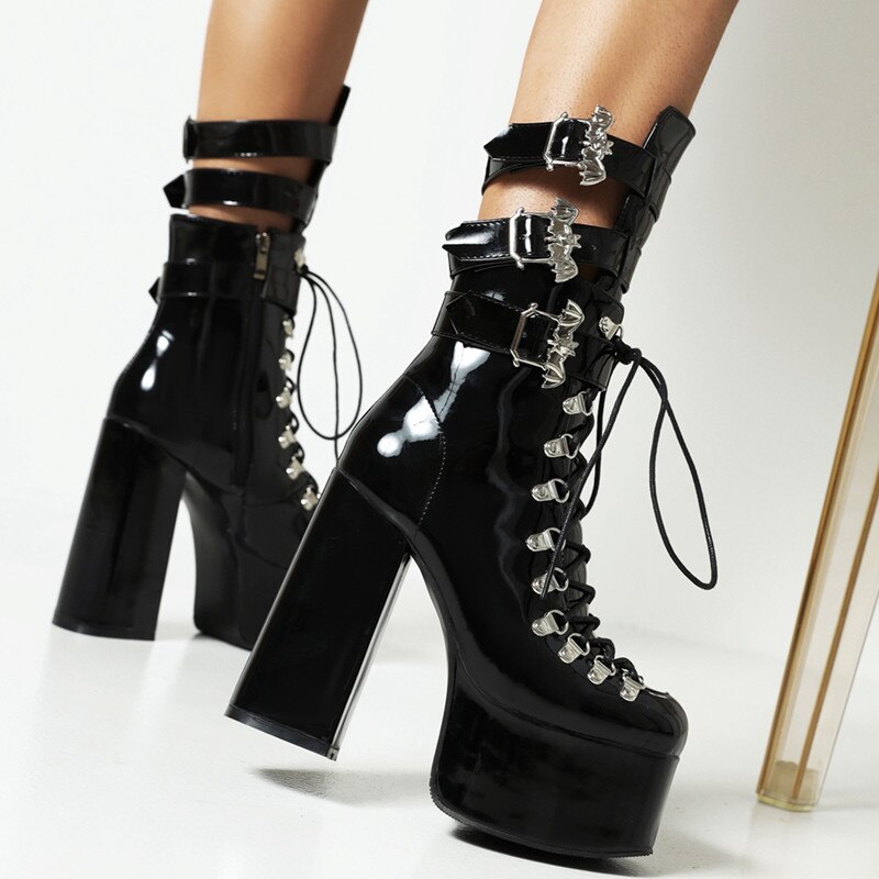 Autumn Lace-Up Motorcycle Boots For Women Round Toe Thick Platform Punk Heels Female Mid-calf Boots Demonia Gothic Shoes