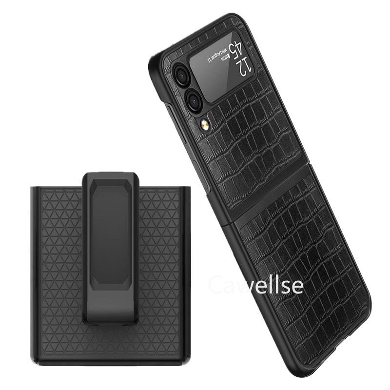 Belt Clip Holster phone Case for Samsung Galaxy Z Flip 3 5G Lychee Pattern Leather Stand Holder Slide Hip Holster Cover Z Flip3: D139-Crocodile black