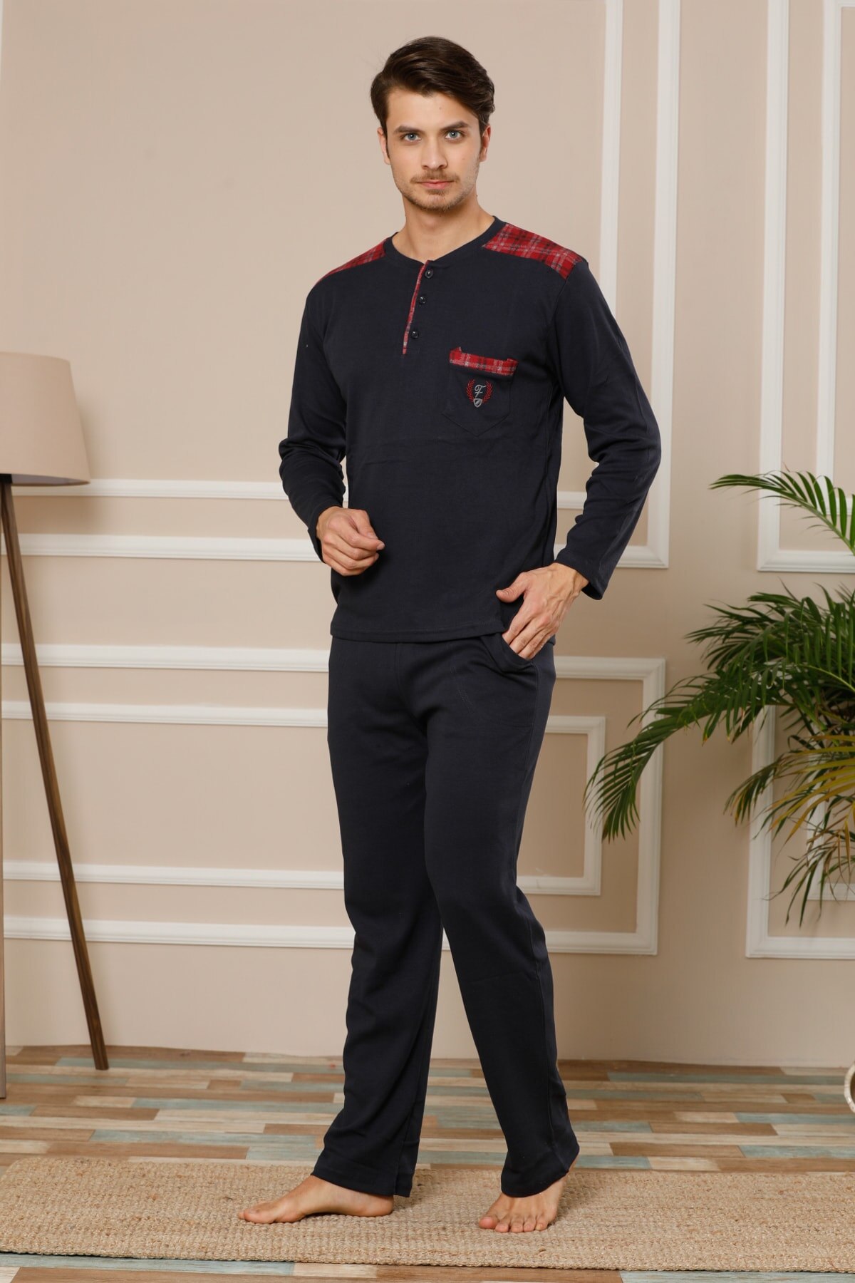 STRAWBERRY Women 'S Navy Blue Cotton Long Sleeve İnterlok Pajamas Suit: DARK BLUE