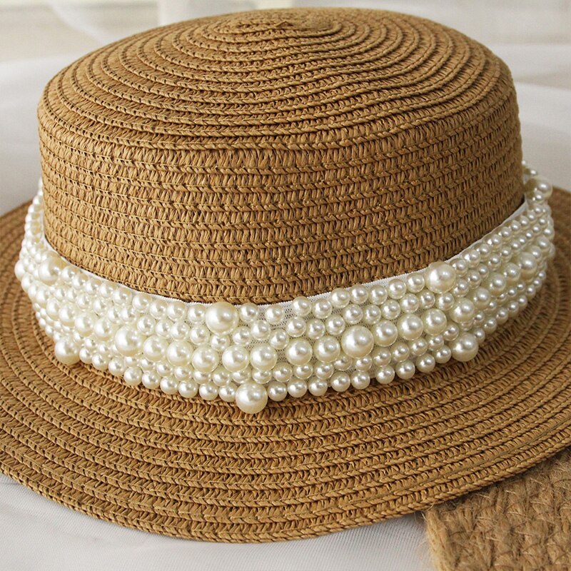 Kids Meisjes Schipper Strohoed Outdoor Brede Rand Zee Zomer Strand Platte Top Zon Caps Met Parel Decoratie Panama Stro cap