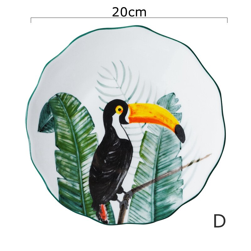 Assiette à dîner d'oiseau peinte à la main de 8 pouces, en céramique sous glaçure, plateau à Dessert, fleur perroquet vaisselle micro-ondes: D