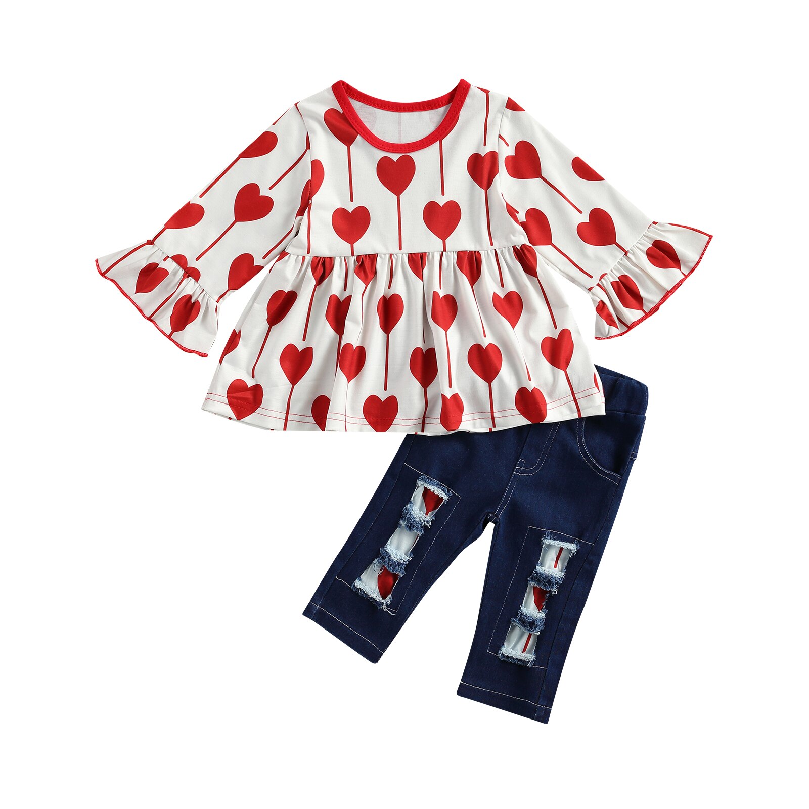 Enfant en bas âge Bébé Amour Motif Impression Trois pièces Ensemble, Bébé Fille À Manches Longues Hauts + Pantalons Longs + Bandeau Ensemble