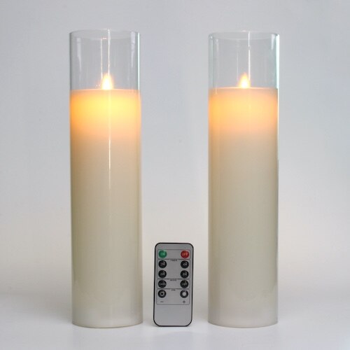 Glass Flameless Candles Set 8" 10" 12" Battery Operated Real Wax Pillars Glass LED Candles With Remote Control Cycling Timer: 2 pcs 12inch set