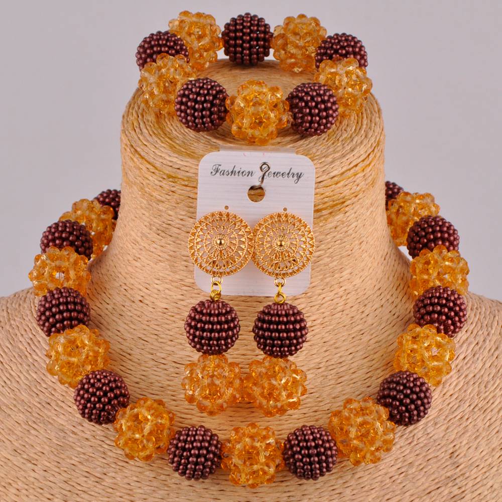 Royal Blue and Yelow African Beads Jewelry Set: Brown Gold