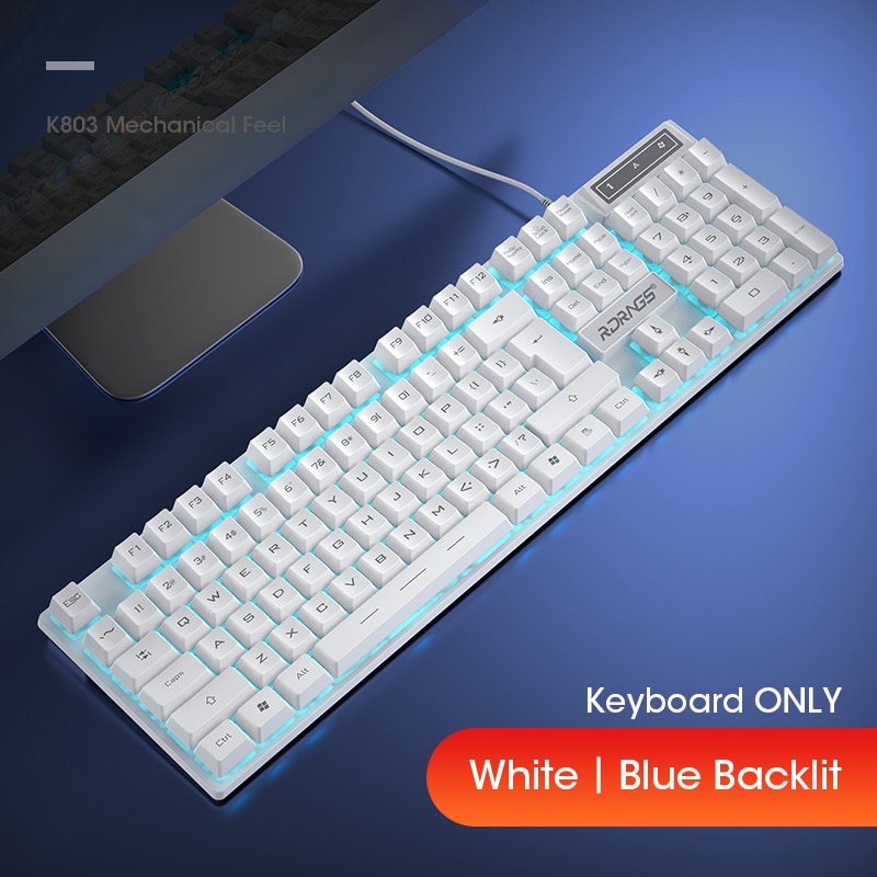 Wired Gaming Keyboard Mouse Gamer Kit PC Gamer Mechanical Feel Keyboards Rainbow Backlight Computer Backlit 104 Keys Keycaps Set: Blue Keyboard White