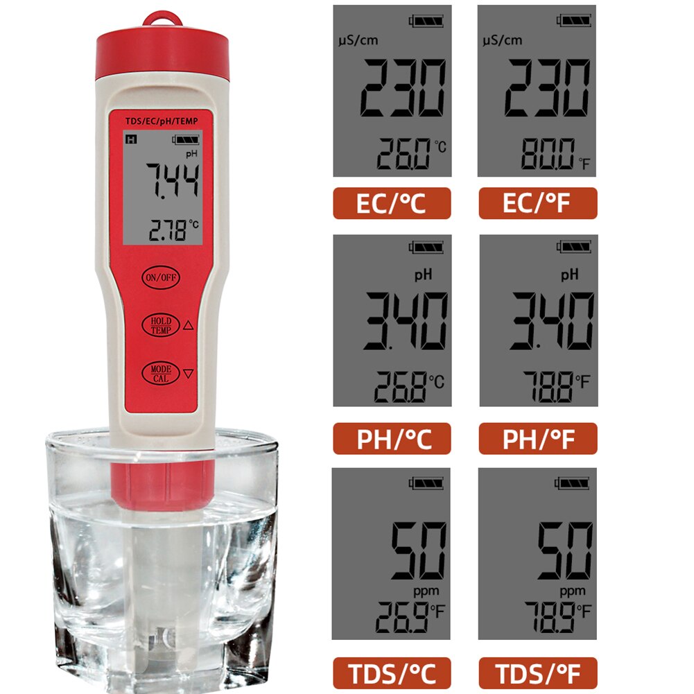 PH Tester Pen Water Monitor Measurement Analysis Soil Acidity Test 4 in 1 Digital PH TDS EC Temperature Meter