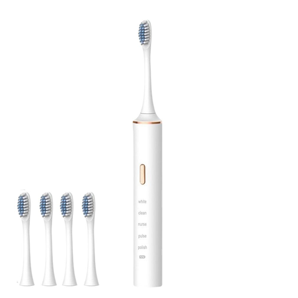 Electric Toothbrush Adult Timer Brush 5 Mode USB Charger Rechargeable Tooth Brushes With 4 Replacement Heads: White