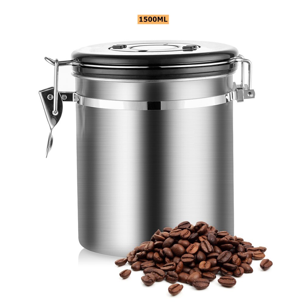 Stainless Steel Coffee Canister With Scoop Airtight Coffee Container Storage Set For Coffee Beans Tea: 1500ML NON SPOON