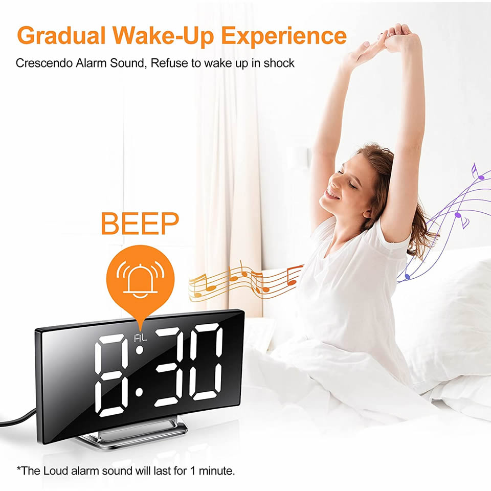 Digital Alarm Clock Desk Table Clock Curved LED Screen Alarm Clocks for Kids Bedroom Temperature Snooze Function Home Decor