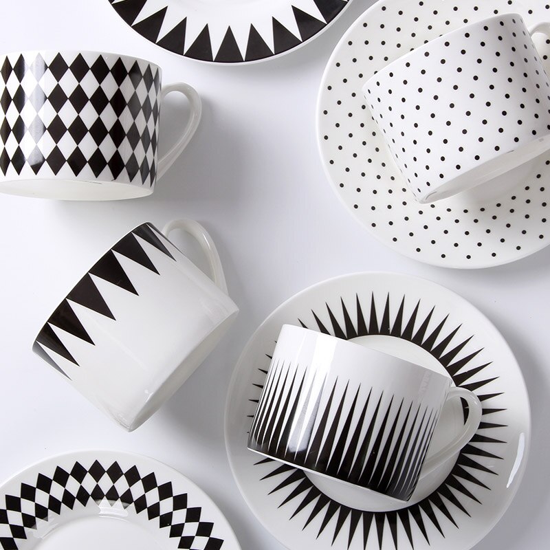 Nordic simple black and white geometric bone china coffee cup and Saucer Set with spoon afternoon tea cup home coffee shop