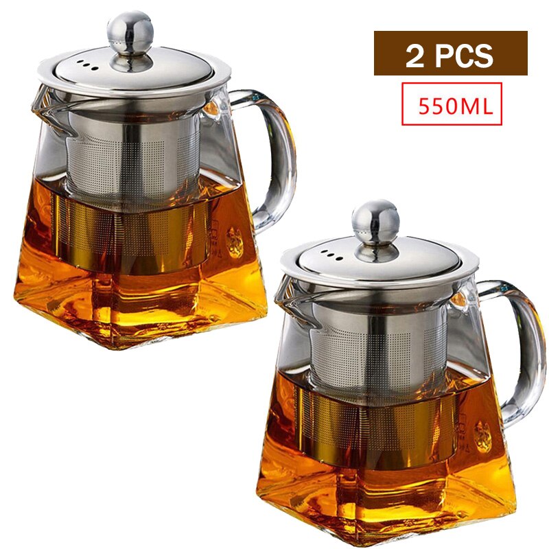 Tetera de café de vidrio resistente al calor, recipiente Infusor de acero inoxidable, calentador, tetera transparente, filtro cuadrado, cestas: 550ML 2PCS